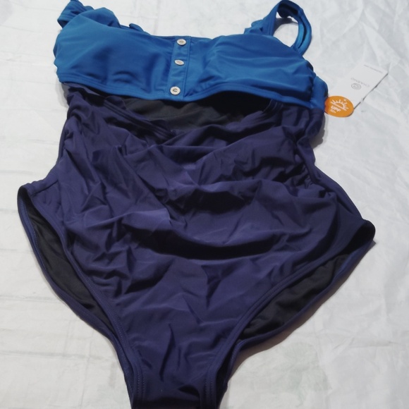 Charmo Maternity Bathing Suit One Piece Ruched Scoop Neck Swimsuit Scallop Edges - Picture 2 of 6